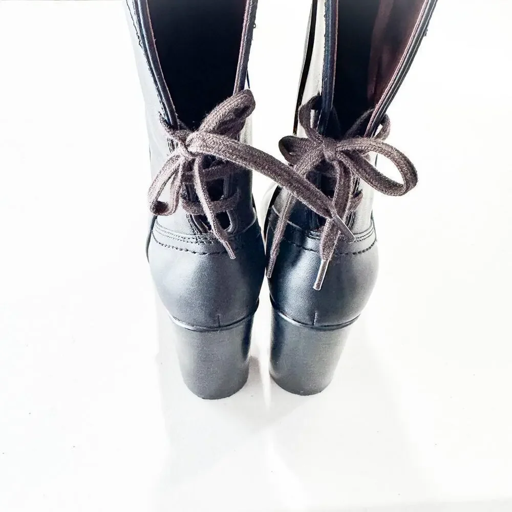 See by Chloe Black Lace Up Cowboy Leather Boots Mid Calf Lace Round Toe Size 38